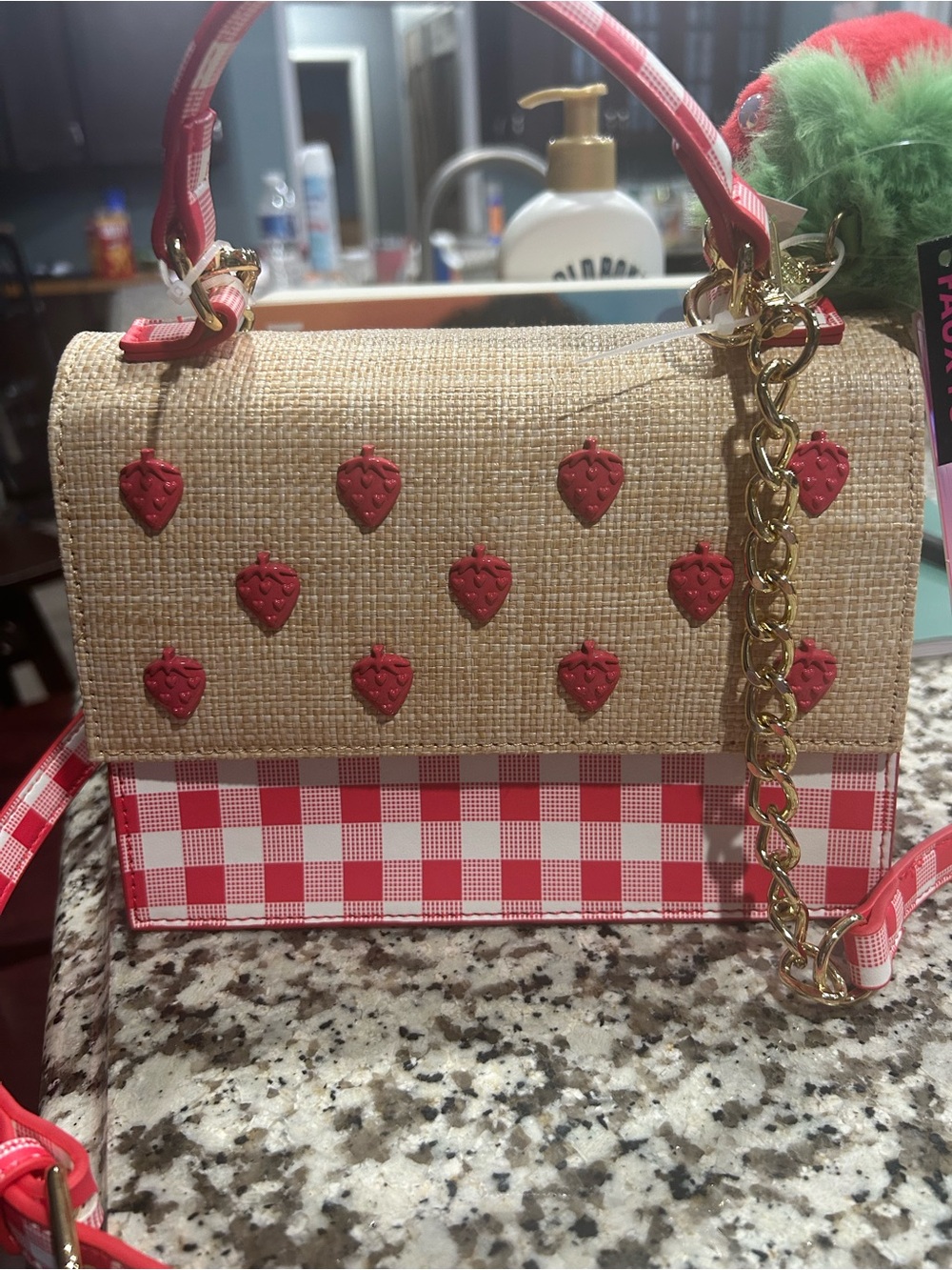 NWT Betsey Johnson Red and Cream Gingham Strawberry Crossbody Bag - Picture 3 of 7